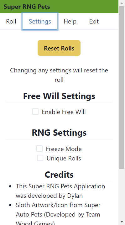 Super RNG Pets settings screen photo